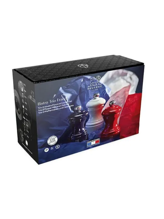 Peugeot Saveurs Bistro trio france Trio 2 moulins poivre et 1 moulin sel, manuels en bois, bleu, blanc et rouge, 10 cm -> Coffrets Cadeaux|Duos Et Combi 2 En 1