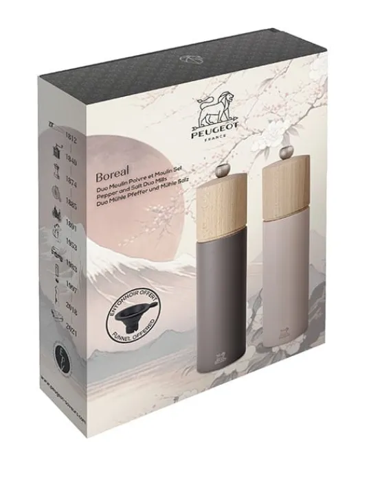 Peugeot Saveurs Duo boreal Coffret cadeau - duo de moulins à poivre et à sel boreal 21 cm et son entonnoir en silicone -> Coffrets Cadeaux|Envie De Couleurs