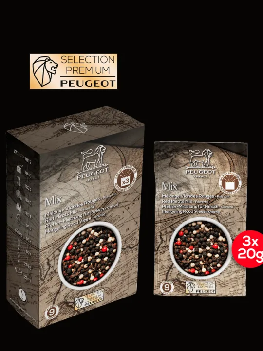Peugeot Saveurs Mix viandes rouges Mélange de poivres pour viandes rouges, 60g - 3 sachets fraicheur de 20g -> Idées Cadeaux -50€|Envie De Saveurs