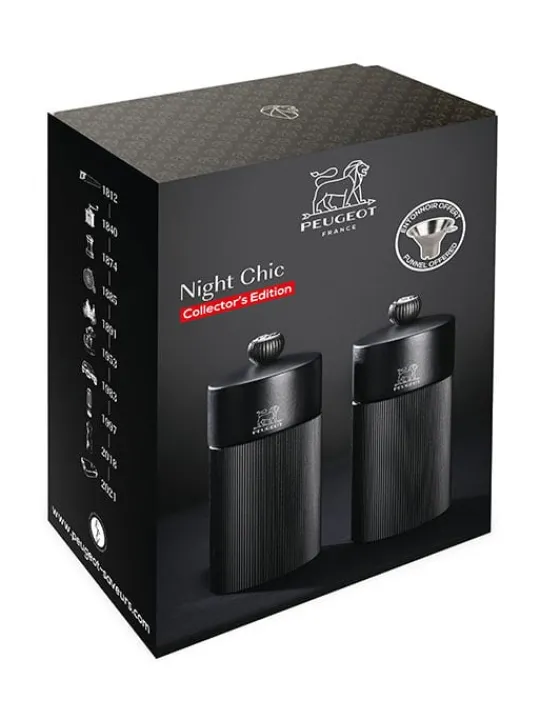 Peugeot Saveurs Night chic Coffret cadeau - duo de moulins à poivre et à sel manuels line noir mat 12 cm et son entonnoir en inox -> Idées Cadeaux -100€|Coffrets Cadeaux