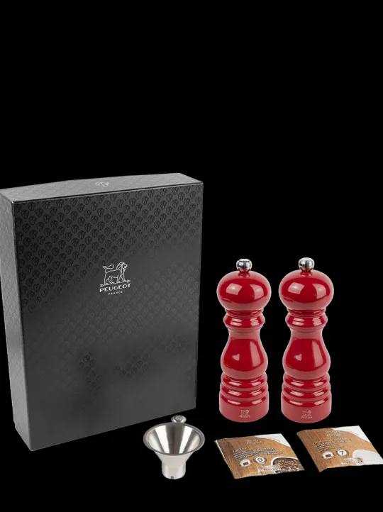 Peugeot Saveurs Pack paris-rama rouge passion 18 cm Duo de moulins à poivre et à sel en bois avec entonnoir inox en coffret cadeau -> Coffrets Cadeaux|Duos Et Combi 2 En 1