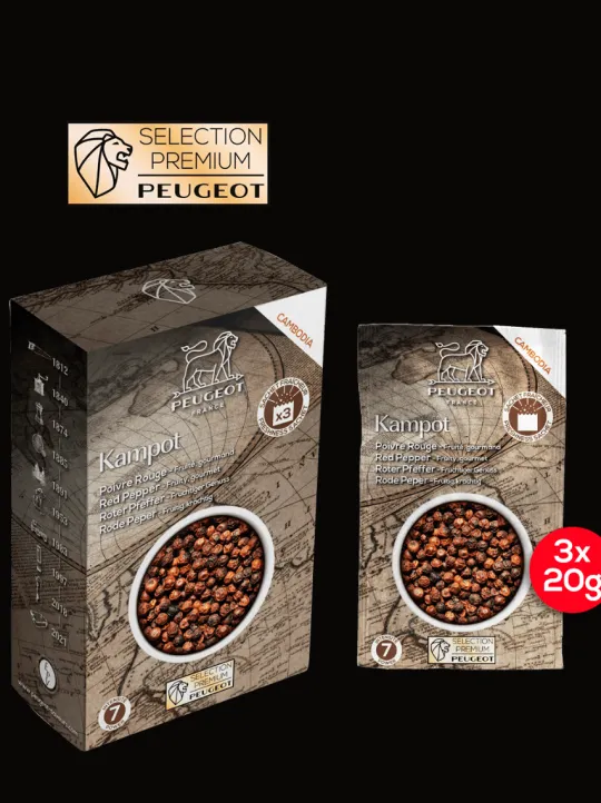 Peugeot Saveurs Pack poivres premium Sélection exclusive de 4 poivres et mélanges premium - 4 boites de 60g -> Epices Du Monde